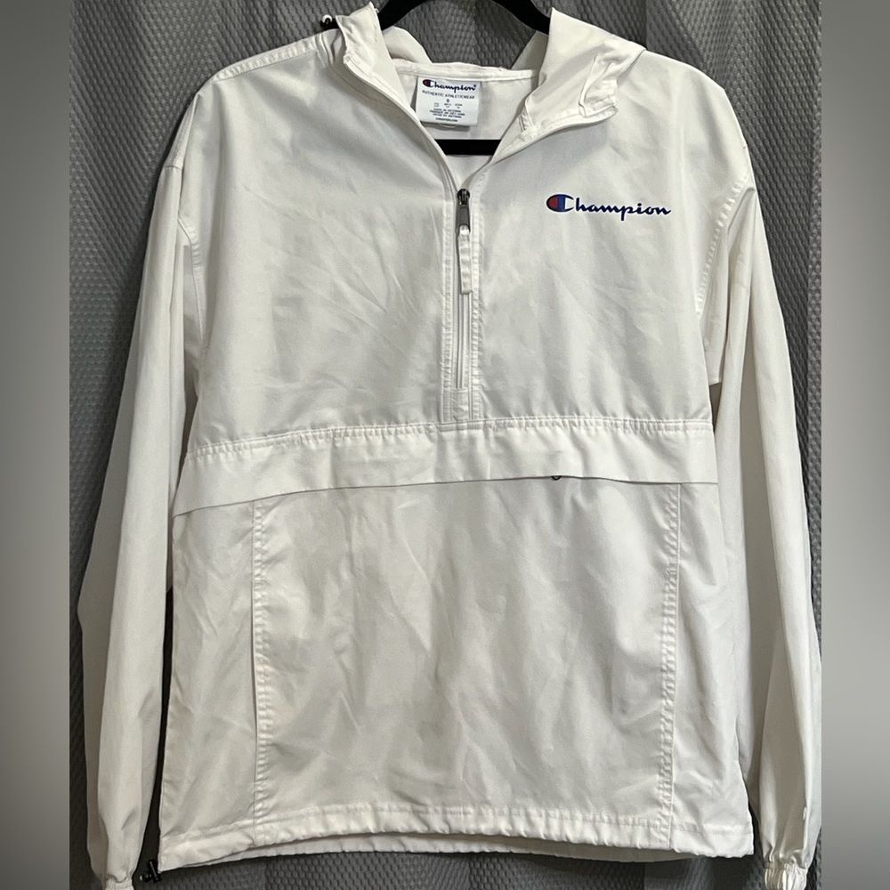Champion White Windbreaker pullover with front zip pocket